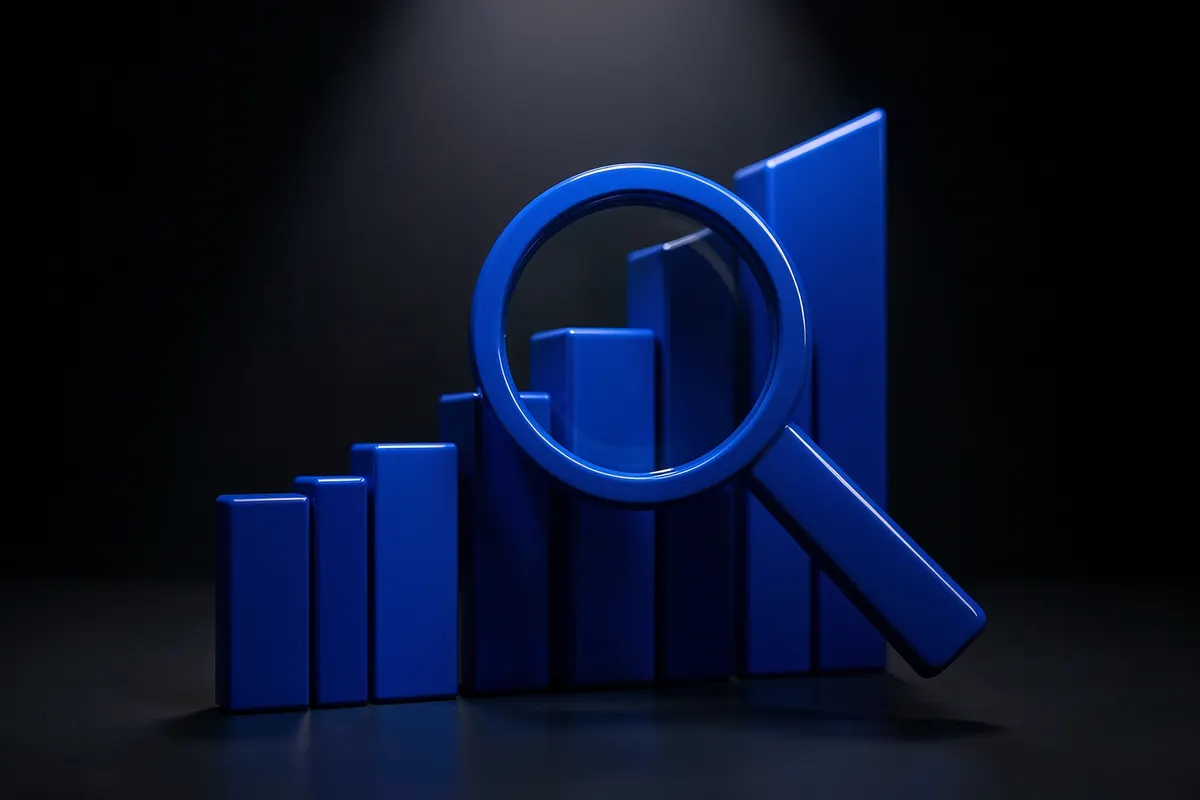 Um gráfico de barras ascendente com um ícone de lupa sobreposto, simbolizando SEO.