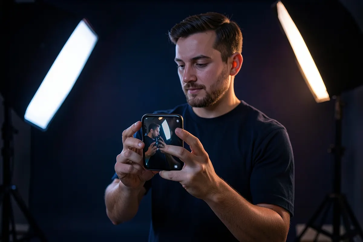Uma pessoa gravando um vídeo com um smartphone em um estúdio caseiro com iluminação.