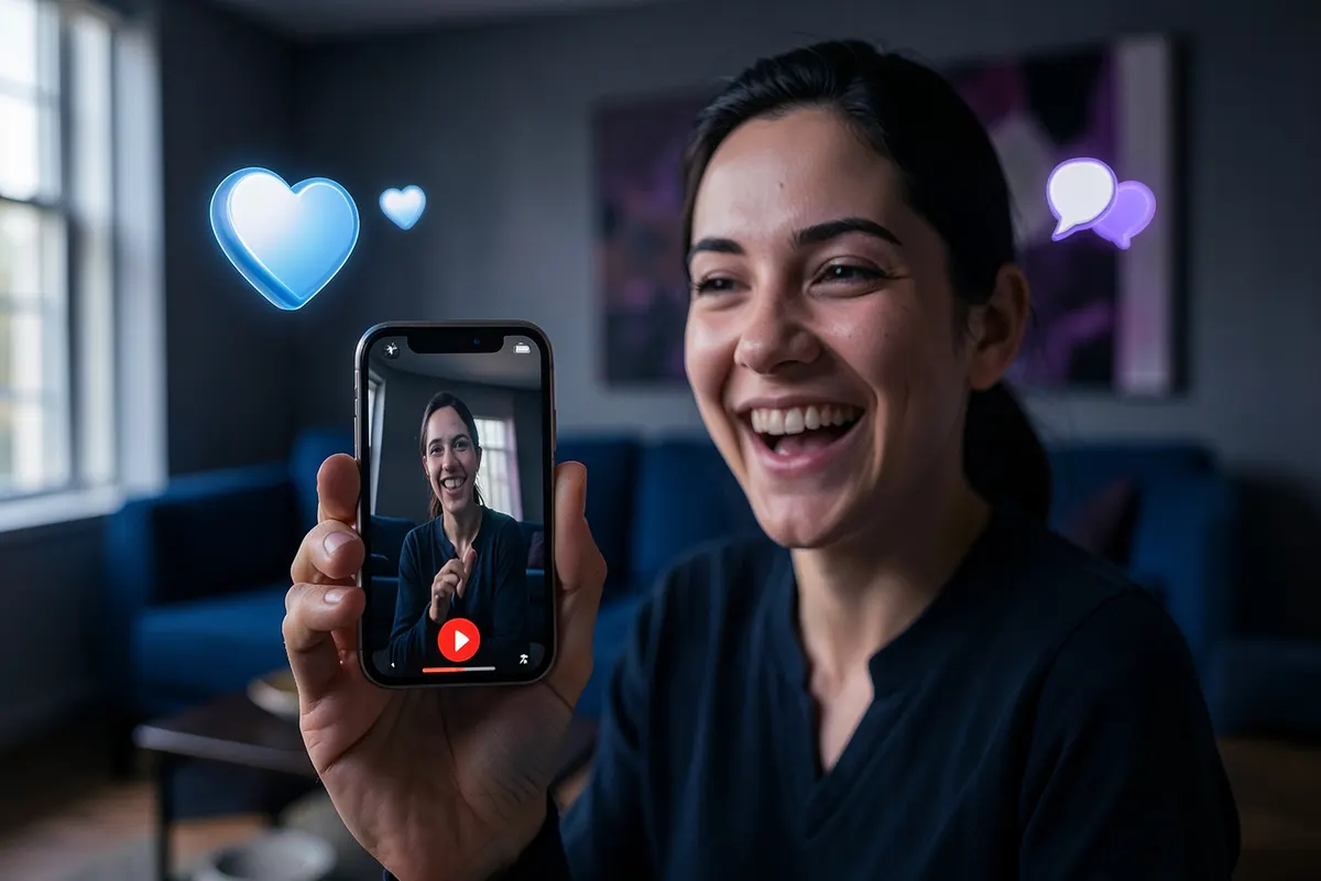 Uma pessoa usando um celular para gravar um vídeo com um sorriso, com ícones de curtidas e comentários flutuando ao redor.