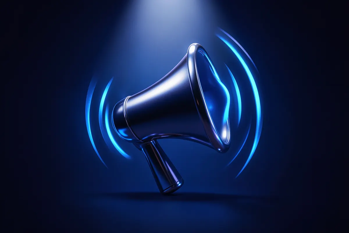 Um ícone de megafone emitindo ondas sonoras estilizadas em um fundo azul vibrante.