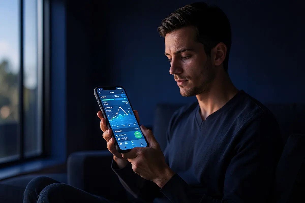 Pessoa olhando para um celular com um gráfico de crescimento na tela