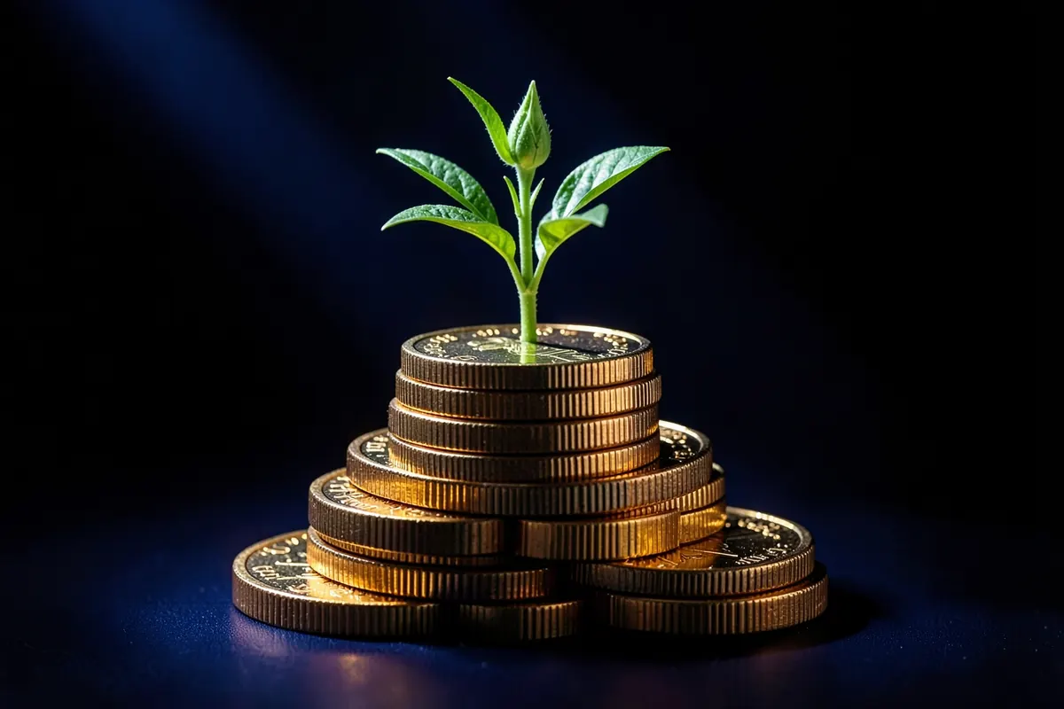 Pilha de moedas de ouro crescendo com uma planta saindo delas