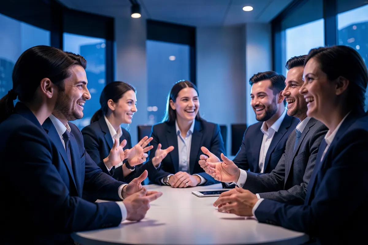 Pessoas engajadas em uma reunião, gesticulando e sorrindo