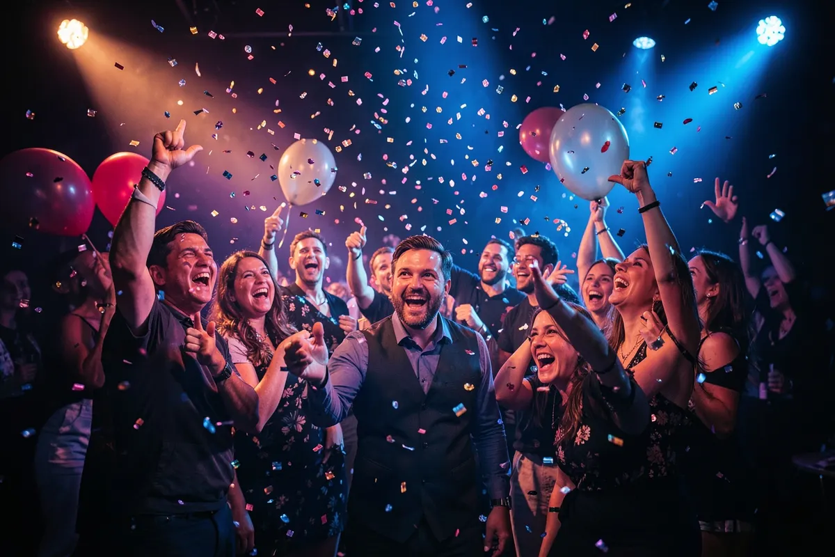 Pessoas celebrando o sucesso com confetes e balões