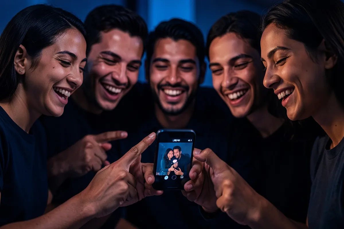 Pessoas diversas interagindo animadamente com um celular exibindo um vídeo.