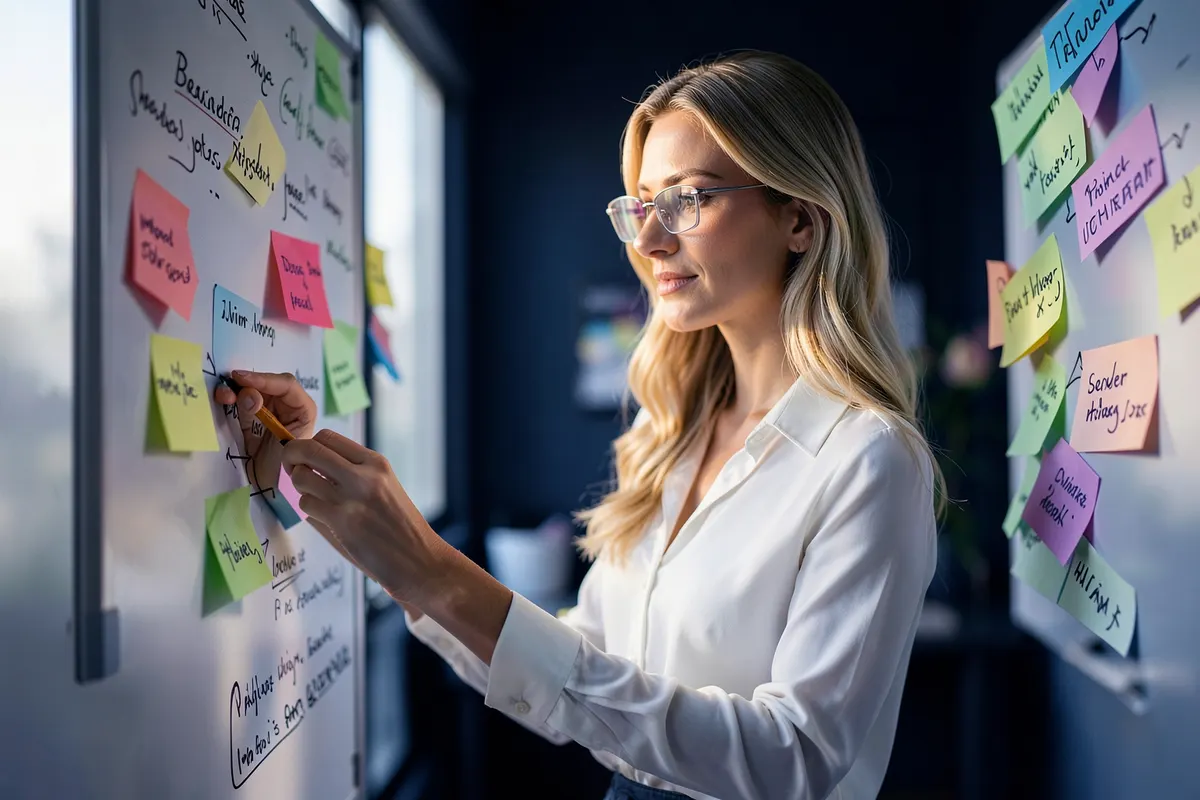 Mulher planejando conteúdo em um quadro branco com post-its coloridos e um laptop.