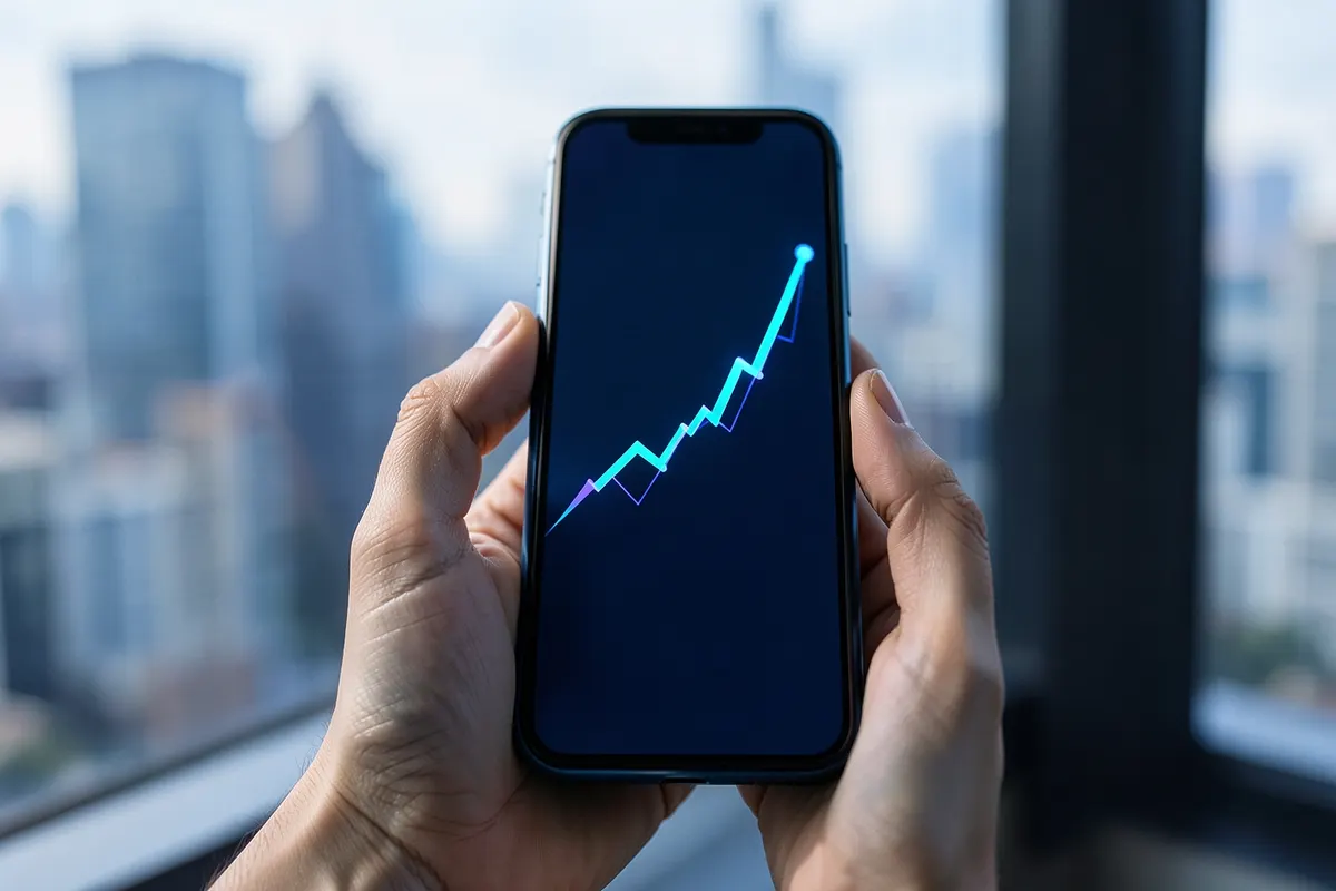Mão segurando um celular mostrando um gráfico de alcance em ascensão.