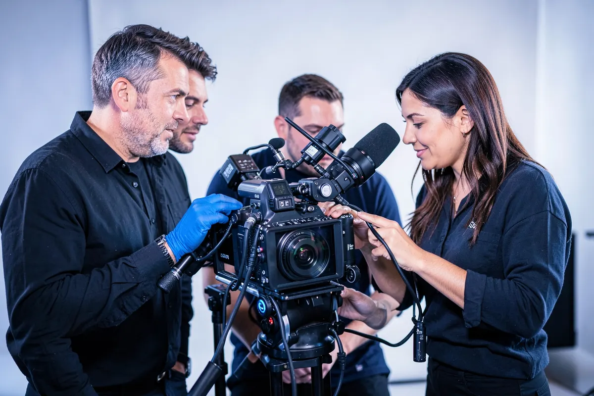 Equipe colaborando em um estúdio de gravação com equipamentos de vídeo.