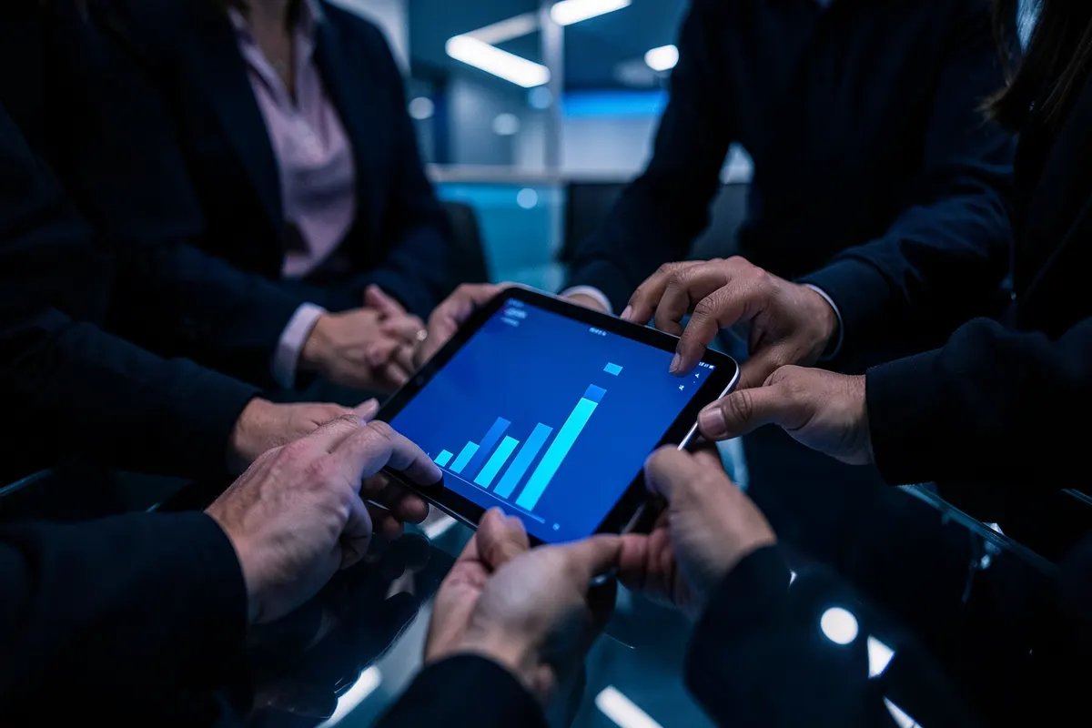 Pessoas em uma reunião de negócios discutindo um gráfico de crescimento em um tablet.