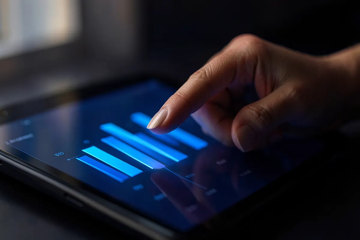 Mão apontando para um gráfico de barras ascendente em um tablet.