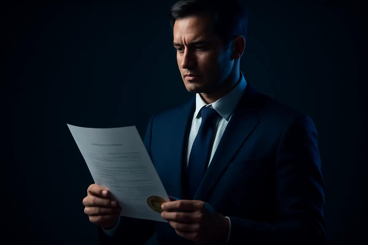 Homem de terno com expressão séria, segurando um contrato com um selo dourado.