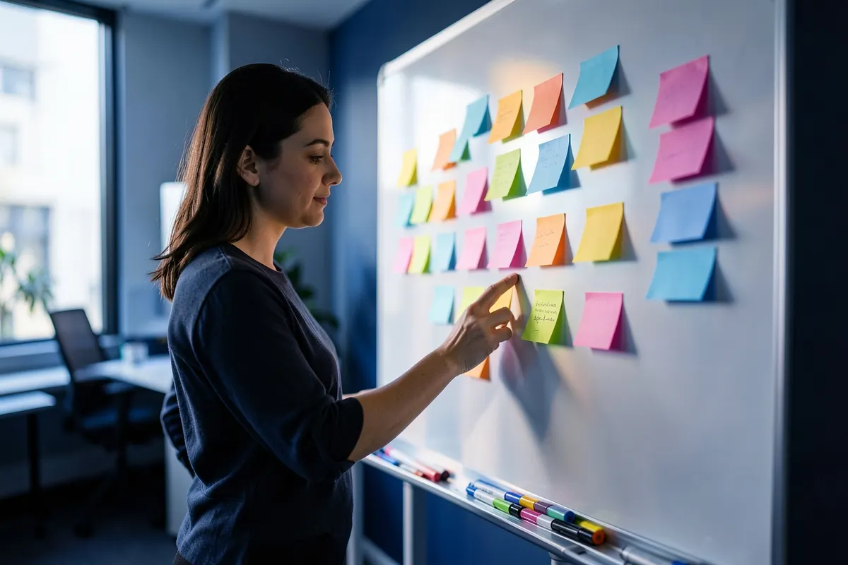 Mulher planejando em um quadro branco com post-its coloridos e marcadores