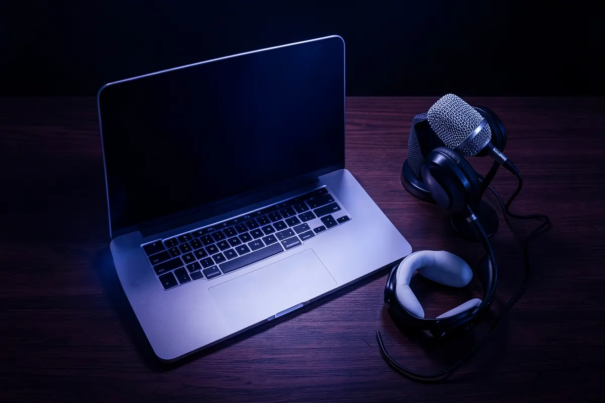 Mesa de escritório com notebook, microfone e fones de ouvido organizados