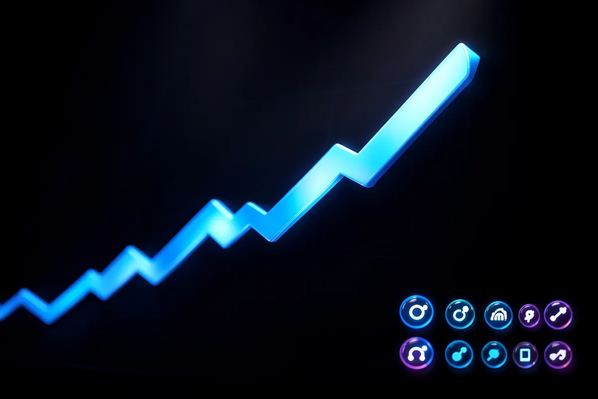 Gráfico de desempenho com linha ascendente e ícones de métricas no canto inferior direito