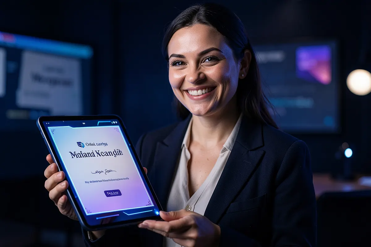 Mulher sorrindo, segurando um certificado em um ambiente de aprendizado online