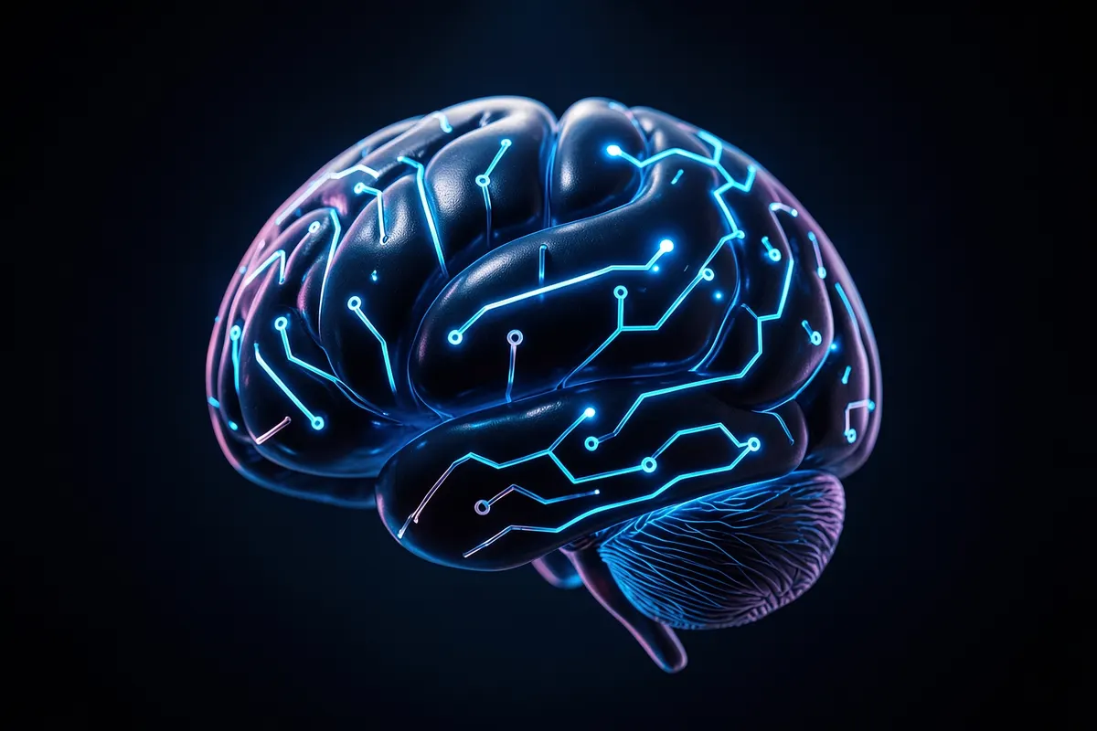 Um cérebro humano estilizado com circuitos digitais brilhantes em seu interior, em um fundo azul escuro.