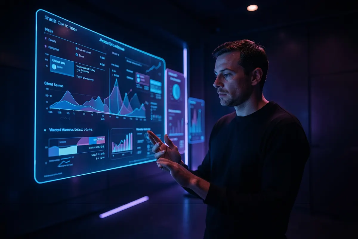 Uma pessoa interagindo com uma interface holográfica complexa que exibe gráficos e dados.