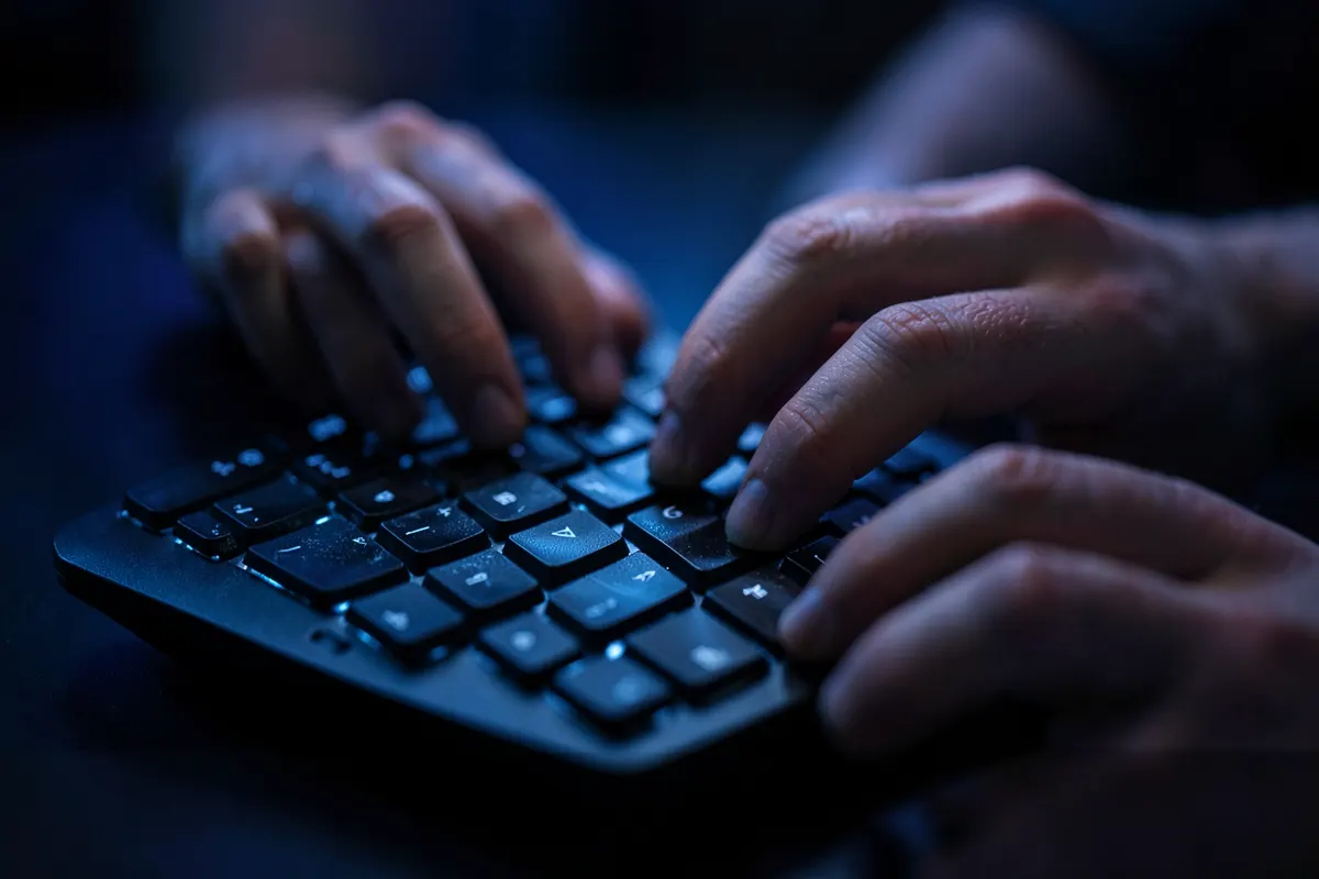 Um close-up de um teclado de computador com as mãos de uma pessoa digitando rapidamente.