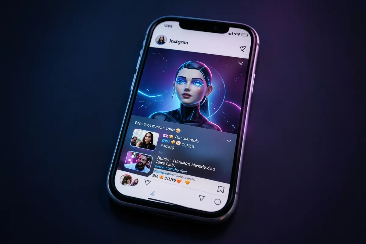 Um smartphone exibindo um feed do Instagram com um avatar de IA em destaque.