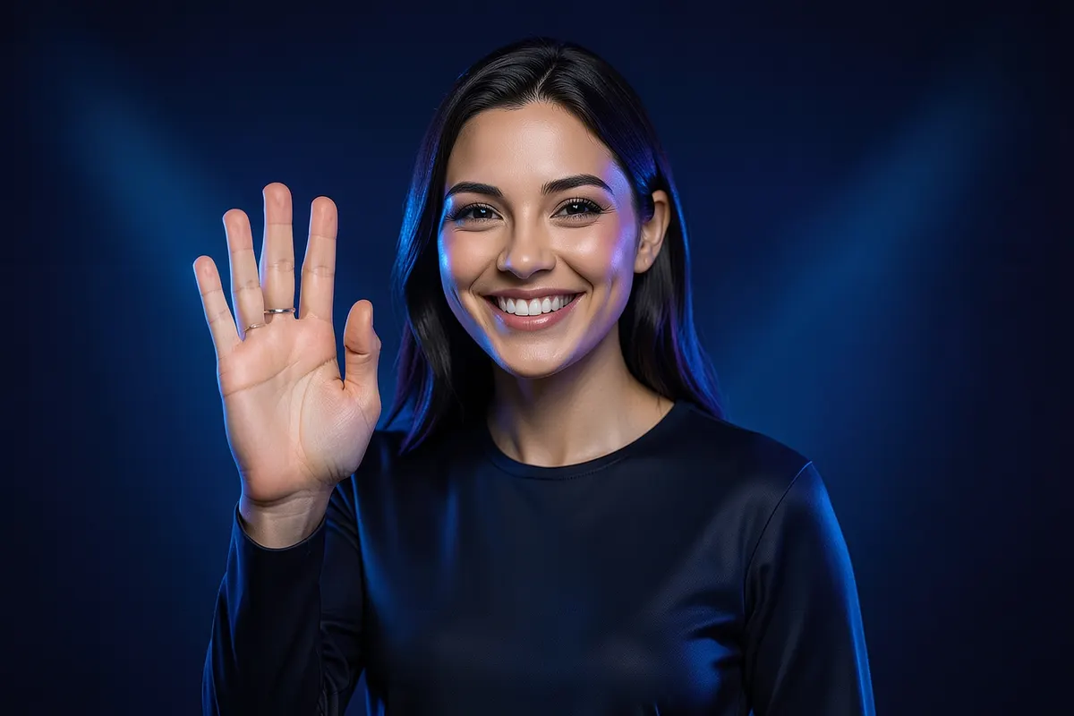 Um influenciador digital sorrindo e acenando para a câmera, com um logotipo de IA sutilmente sobreposto.