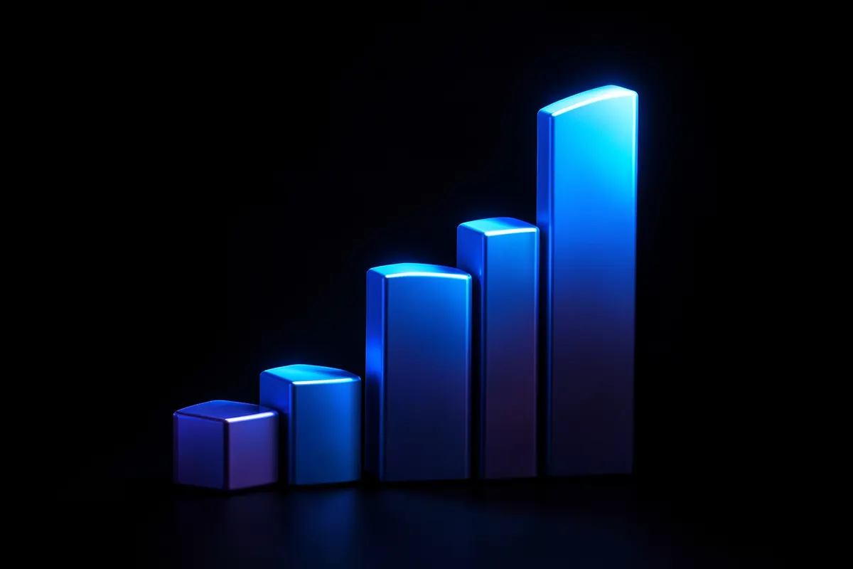 Um gráfico de barras ascendente com um brilho digital, representando crescimento e visualizações.