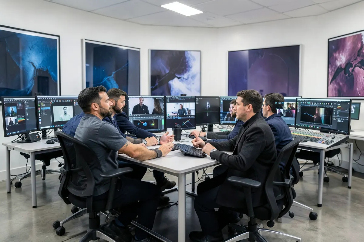 Equipe trabalhando em sala de edição de vídeo