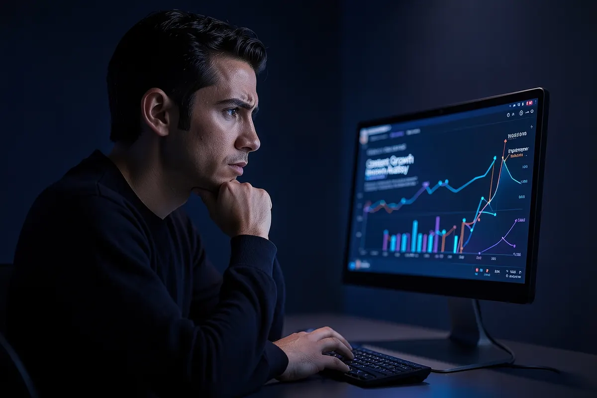 Pessoa pensativa olhando para uma tela de computador com gráficos e textos sobre crescimento de conteúdo.