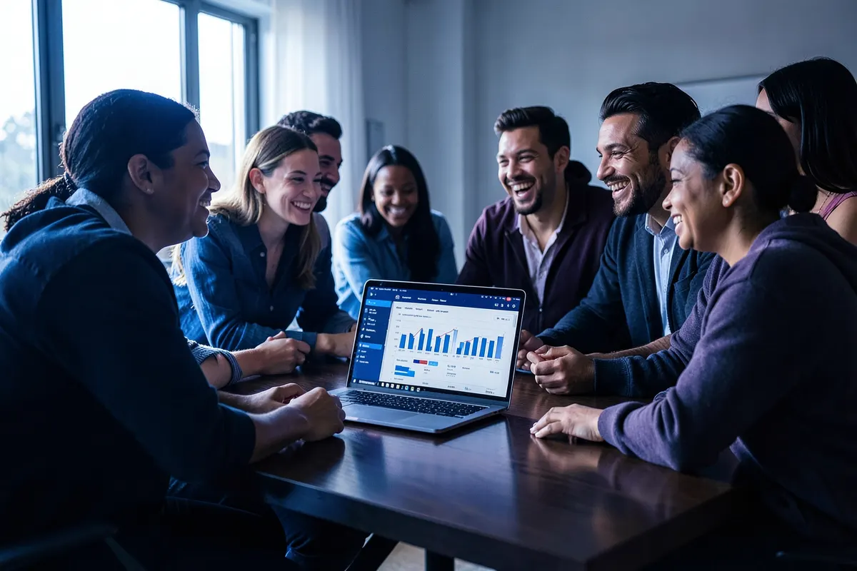 Grupo de pessoas diversas sorrindo e interagindo em volta de uma mesa com um laptop, celebrando o sucesso de um projeto.