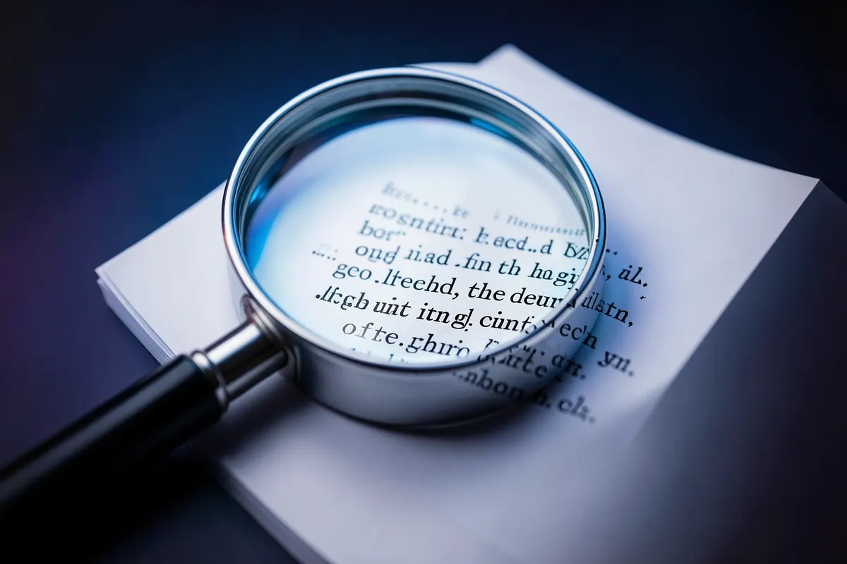 Close-up de uma lupa sobre um trecho de texto em uma página, simbolizando a otimização de conteúdo para SEO.