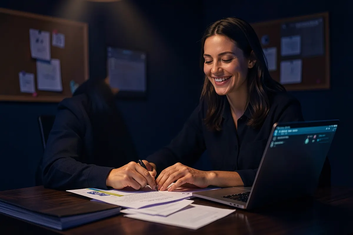 Mulher sorrindo enquanto organiza papéis e anotações em uma mesa com um laptop, representando a estruturação de conteúdo.