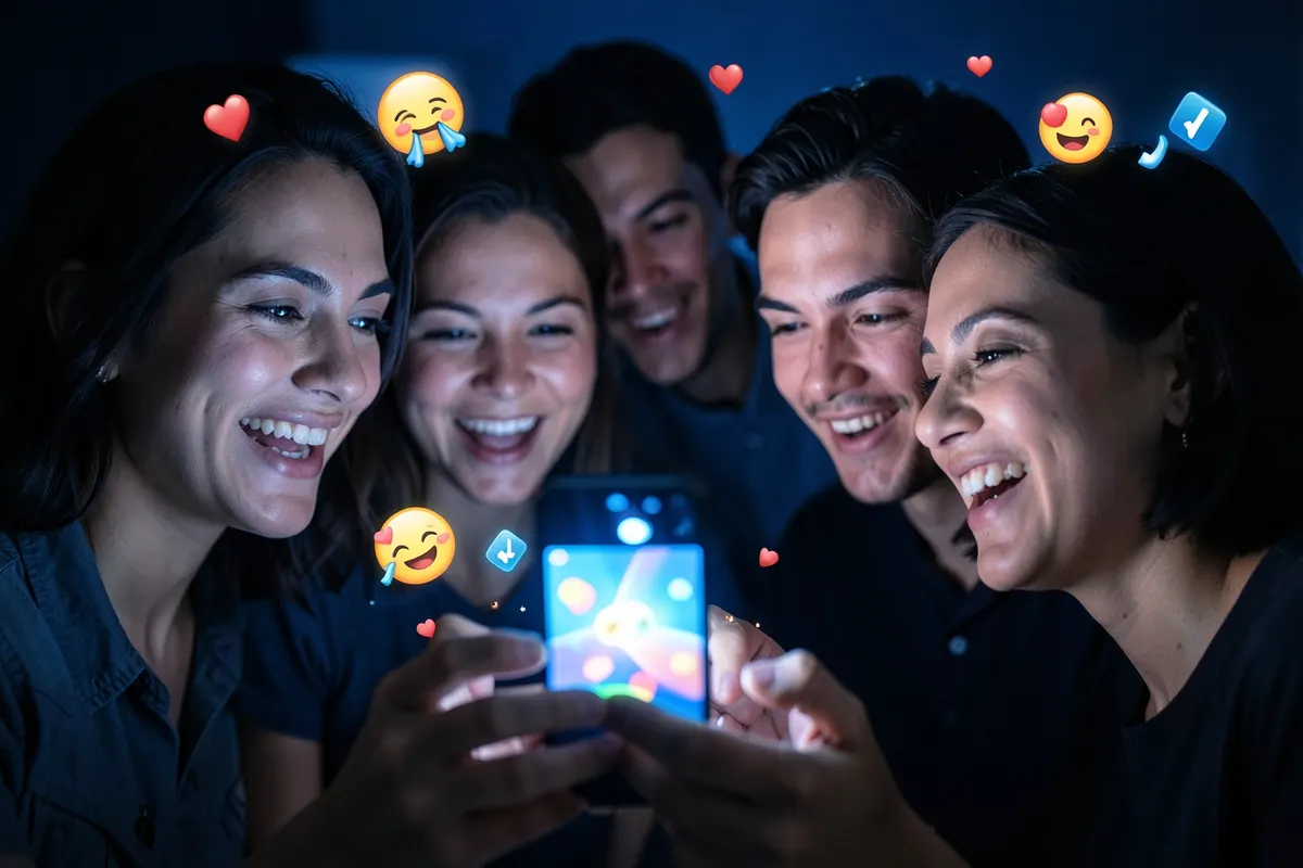 Um grupo de pessoas assistindo a um vídeo em um smartphone, com reações animadas e compartilhamentos representados por ícones.