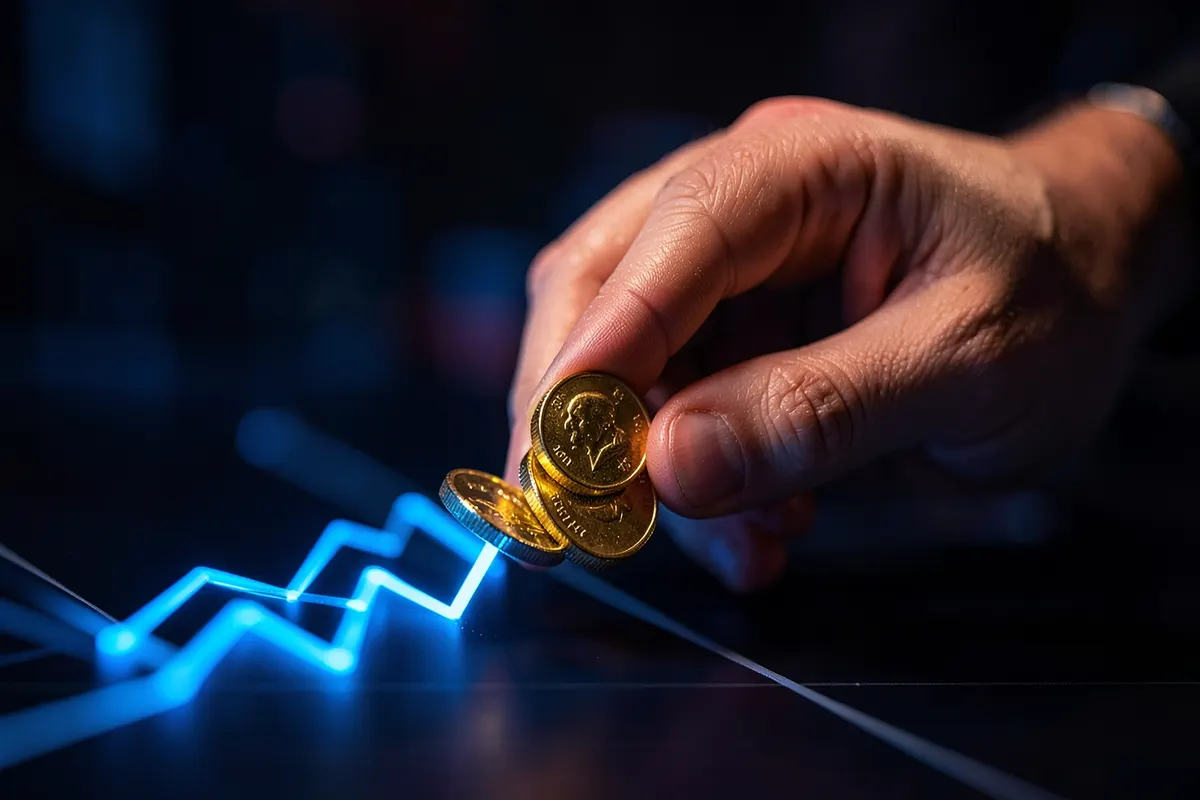 Uma pessoa convertendo moedas de ouro em um gráfico de linha ascendente em um fundo desfocado.