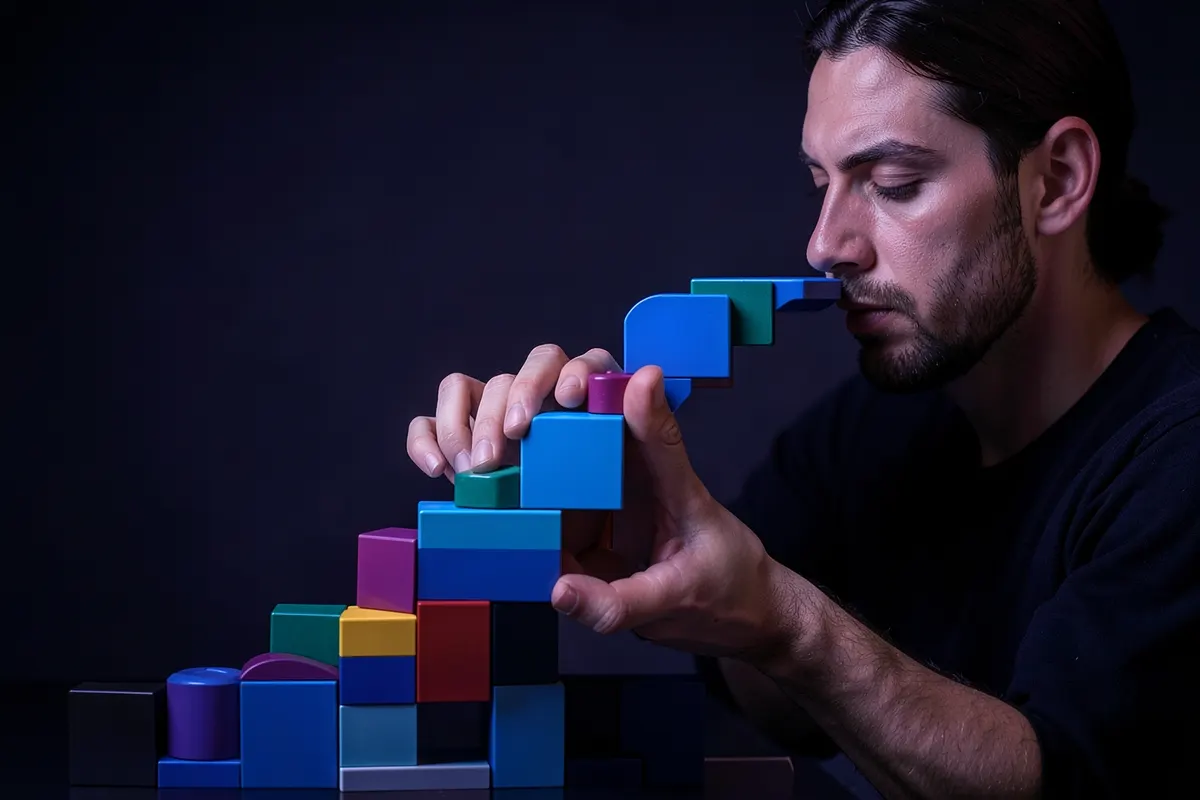 Uma pessoa organizando blocos de construção coloridos em uma escada ascendente, representando aplicação prática.