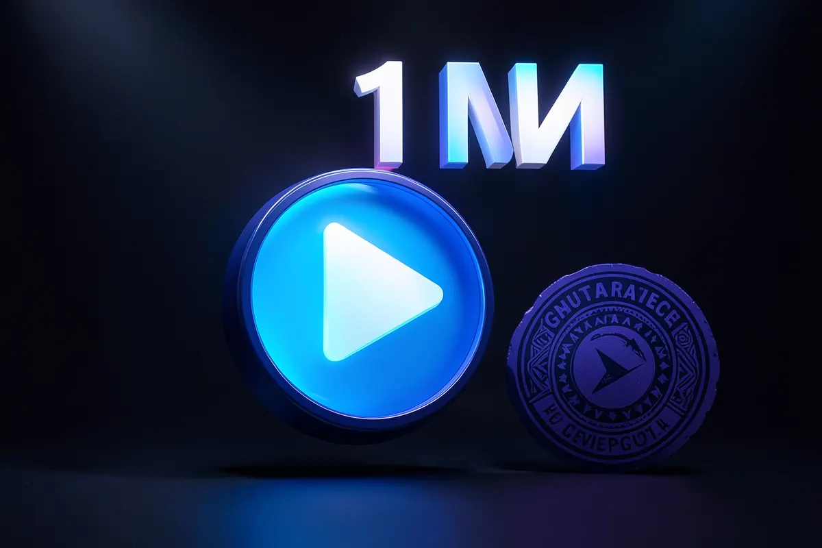 Um ícone de "play" de vídeo com um grande número "1M" flutuando acima dele, com um selo de garantia ao lado.