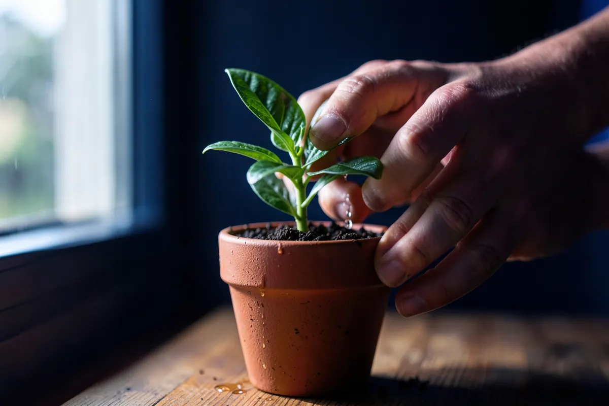 Pessoa regando uma pequena planta que está crescendo em um vaso.