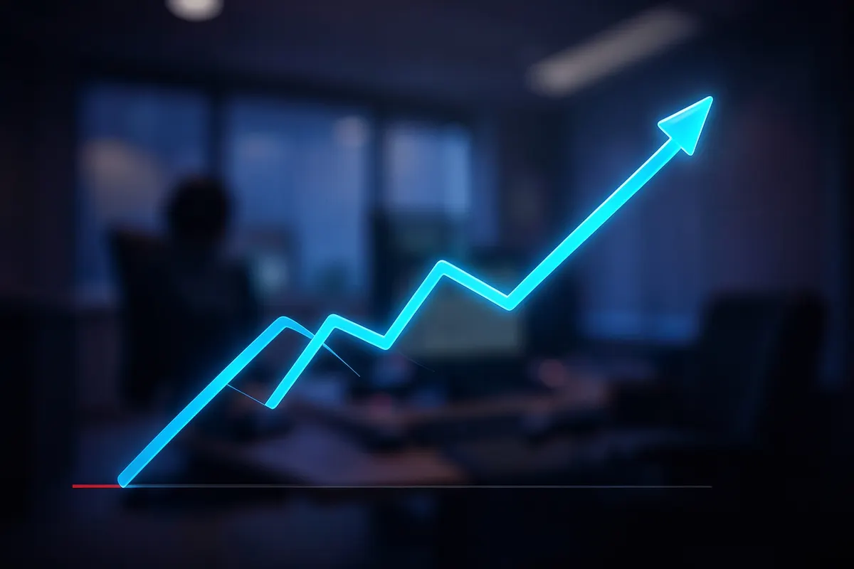 Gráfico de linha ascendente sobreposto a um vídeo em reprodução.