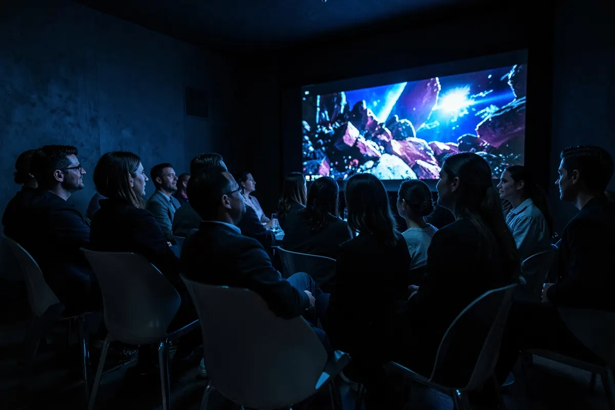 Círculo de pessoas assistindo a um vídeo em uma tela grande em um evento.