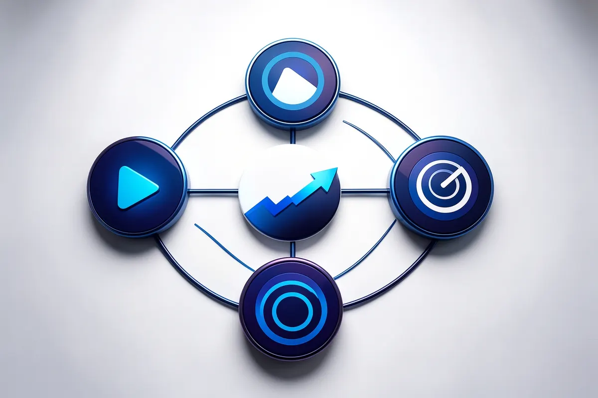 Diagrama de fluxo conectando ícones de vídeo viral e crescimento consistente a um objetivo final.