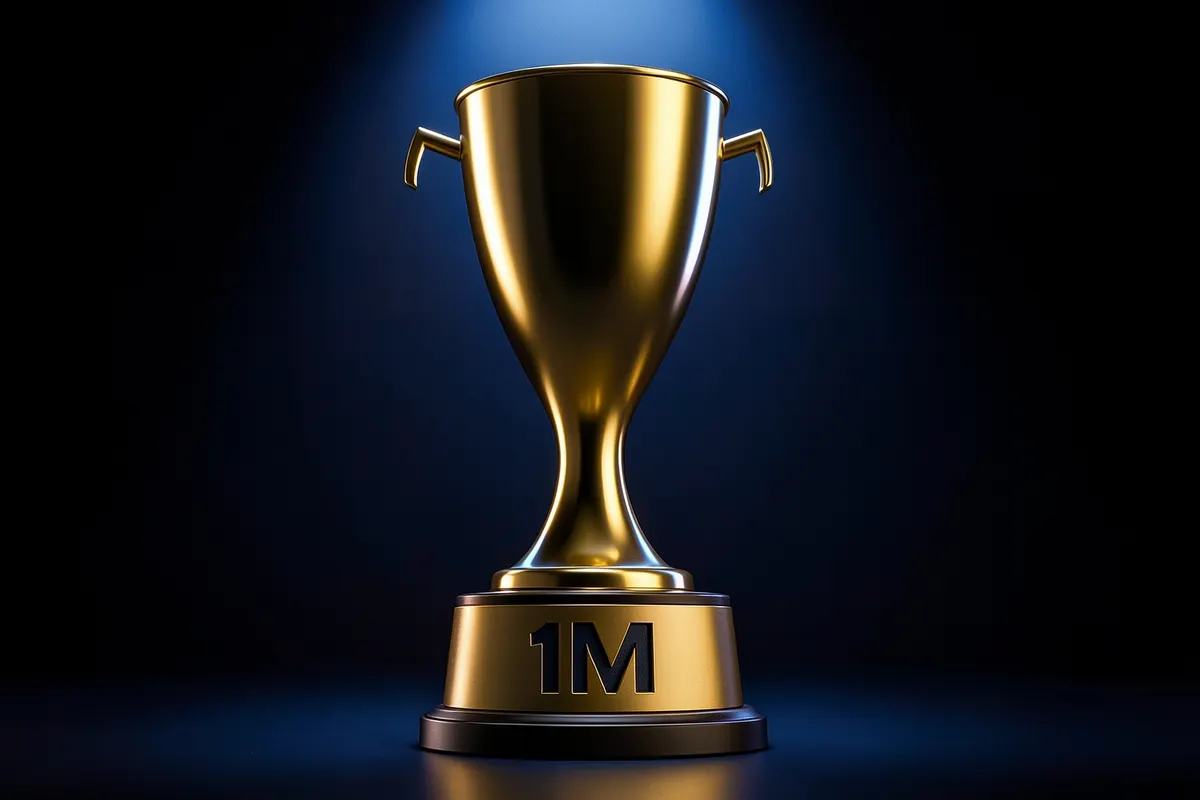 Um troféu dourado com o número '1M' gravado em sua base.