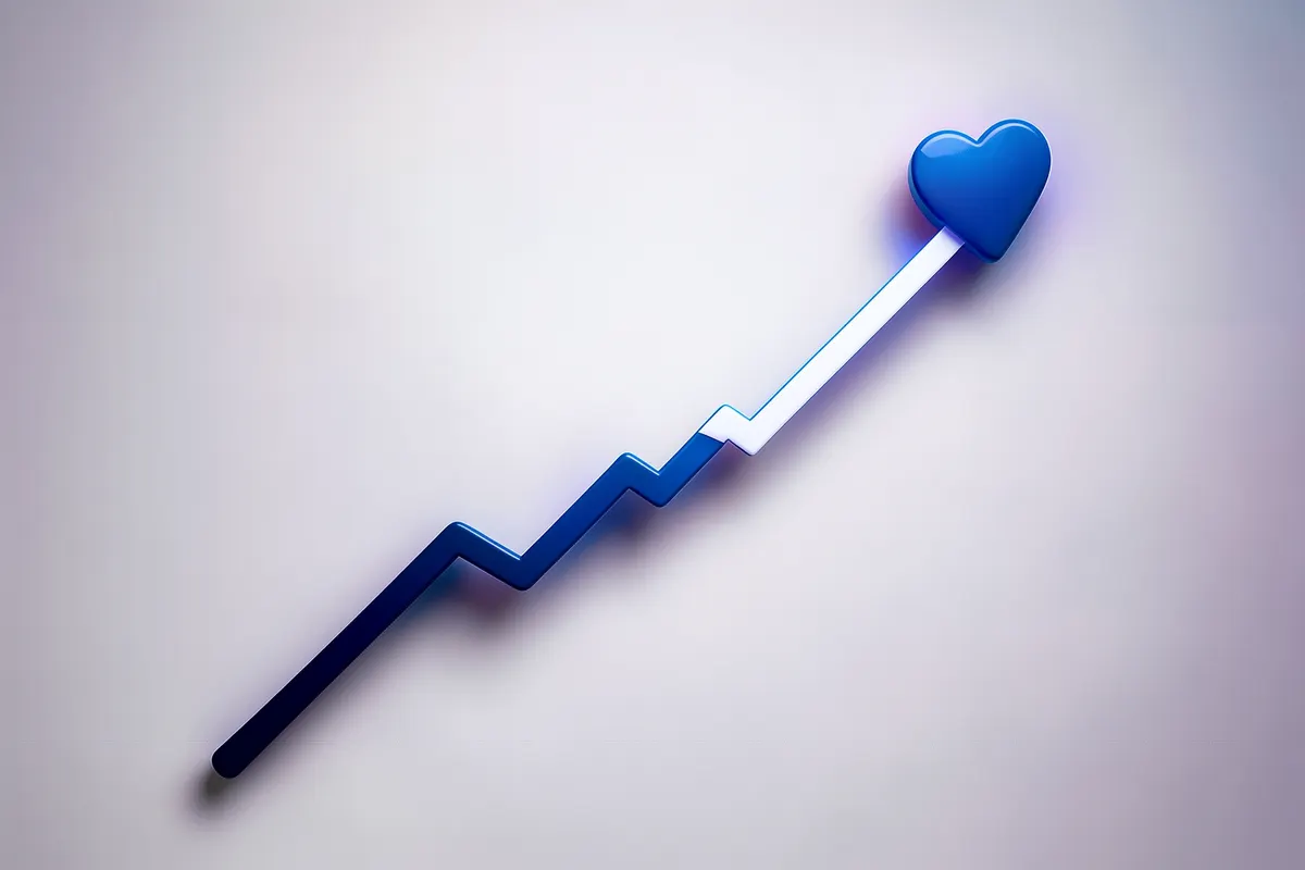 Gráfico de crescimento ascendente com ícones de compartilhamento e curtidas, simbolizando a viralização de conteúdo em redes sociais