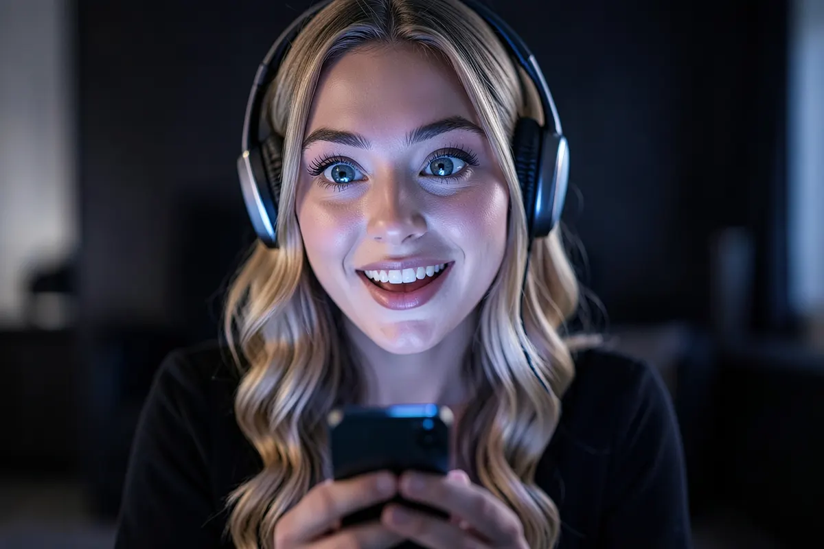 Pessoa reagindo com surpresa e alegria ao assistir a um vídeo em seu celular, simbolizando o impacto de um reels viral