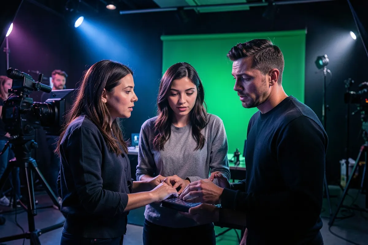 Equipe de produção de vídeo colaborando em um estúdio, com equipamentos de filmagem e iluminação ao fundo
