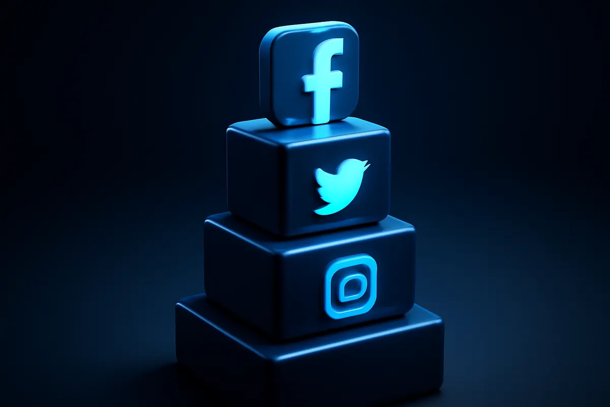 Gráfico de barras subindo com ícones de redes sociais nas barras, em um fundo azul claro.