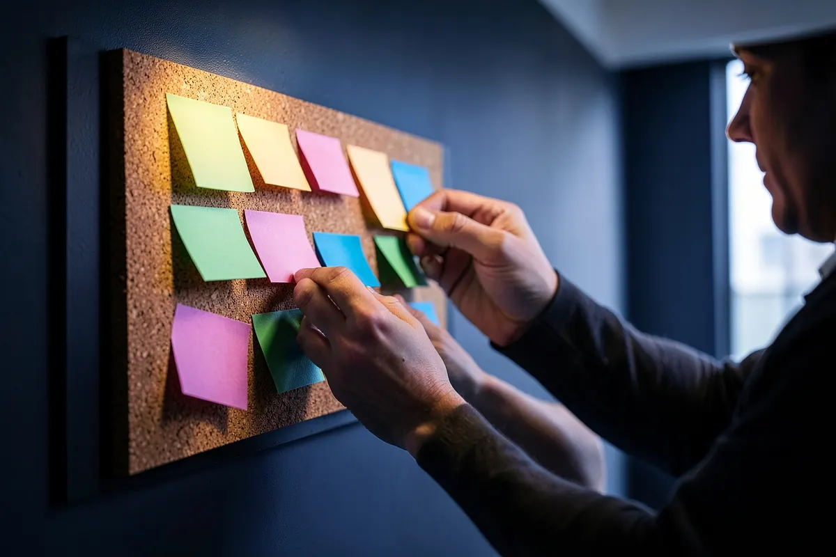 Pessoa organizando post-its coloridos em um quadro de cortiça com um plano de conteúdo escrito.