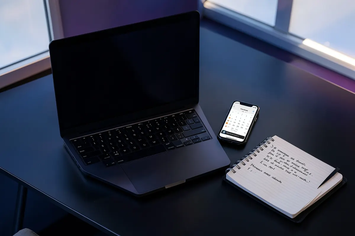 Mesa com um laptop, um smartphone exibindo um calendário e um caderno com anotações sobre produção de conteúdo.