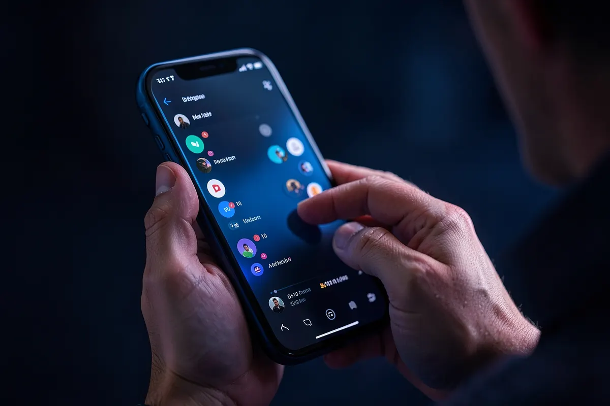 Homem ajustando a configuração de formato de vídeo em um celular com a interface do Instagram aberta