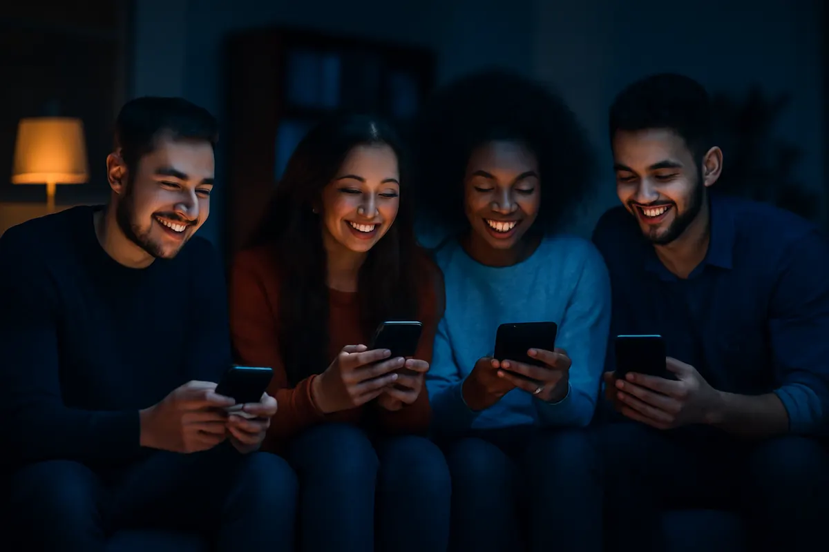 Pessoas engajadas assistindo a vídeos em seus celulares em um ambiente social confortável