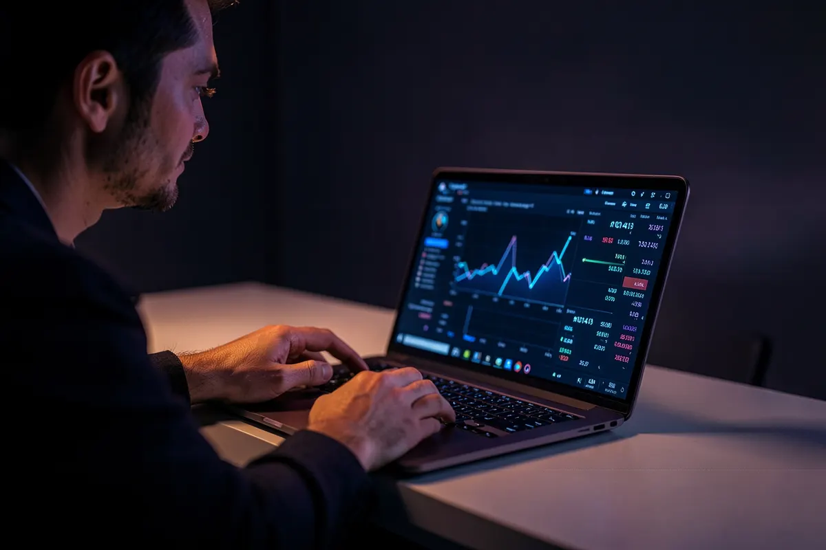 Pessoa analisando métricas de desempenho de vídeos em um laptop com gráficos e números