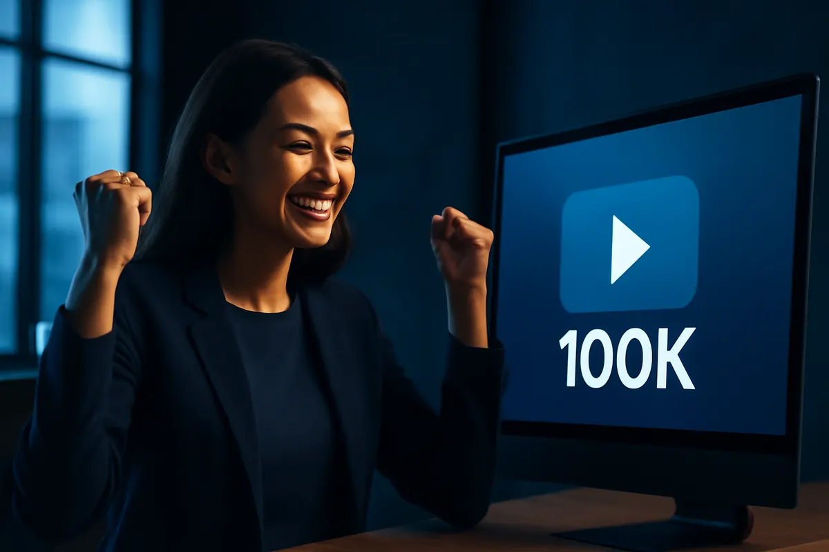 Mulher comemorando o sucesso de um vídeo com muitas visualizações em um ambiente de escritório moderno
