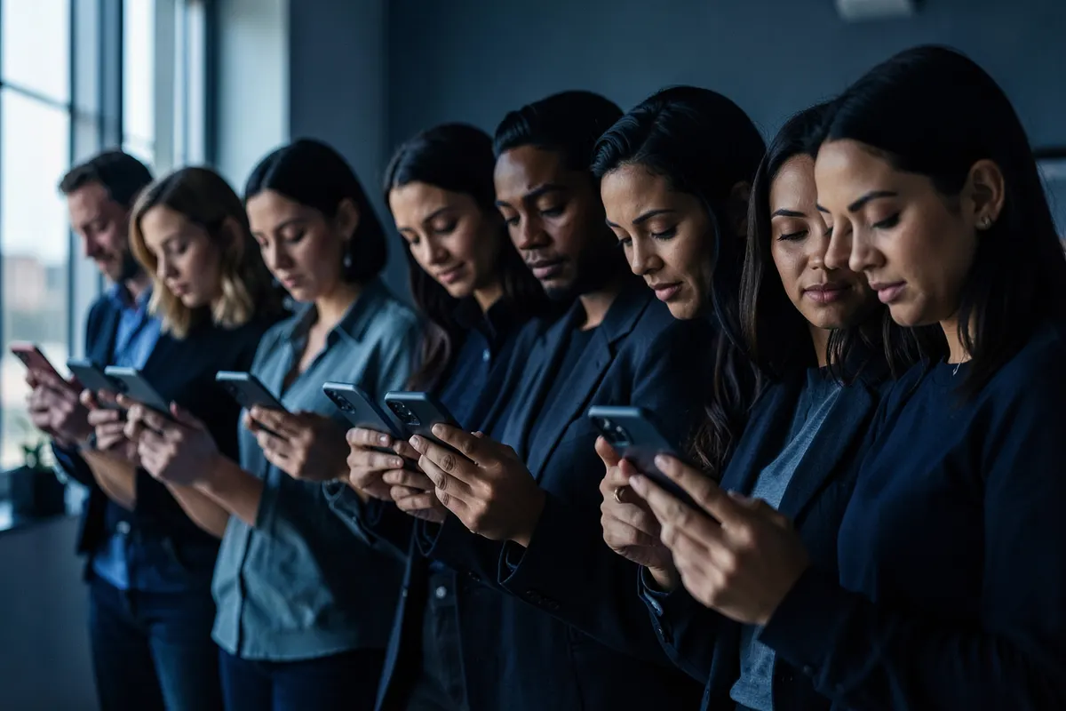 Pessoas diversas interagindo com conteúdo em seus celulares.